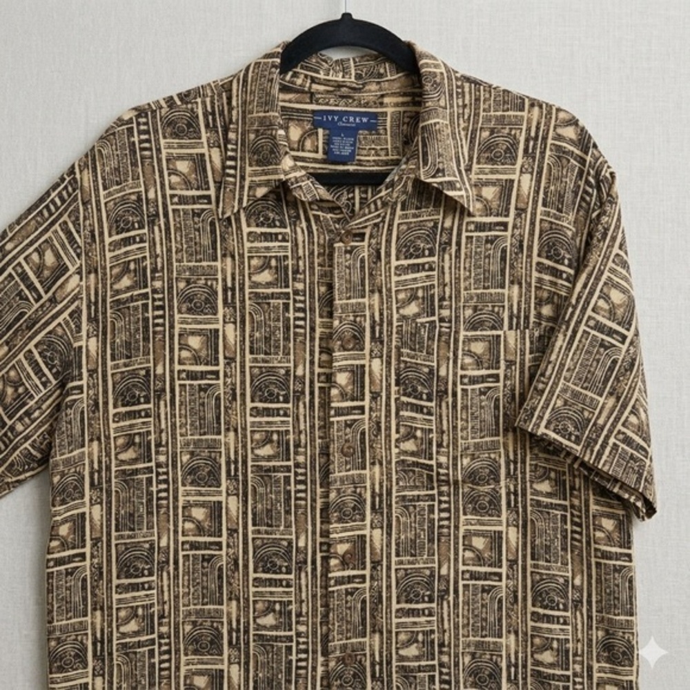 Ivy Crew Classics Geometric Abstract Rayon Button Down Shirt L
